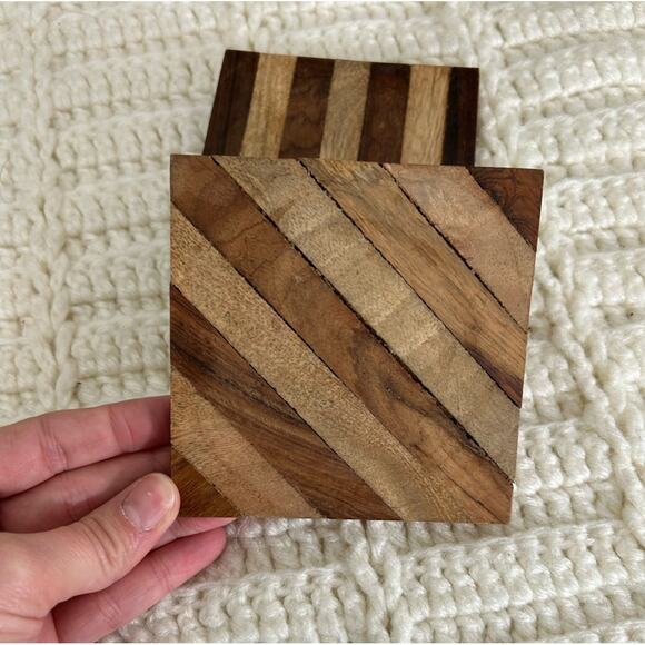 inlay wood design coasters- set of 4rustic wooden accent decor - stripes cabin - Picture 4 of 7
